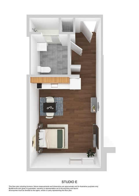 A floor plan of a studio apartment with furniture and appliances.